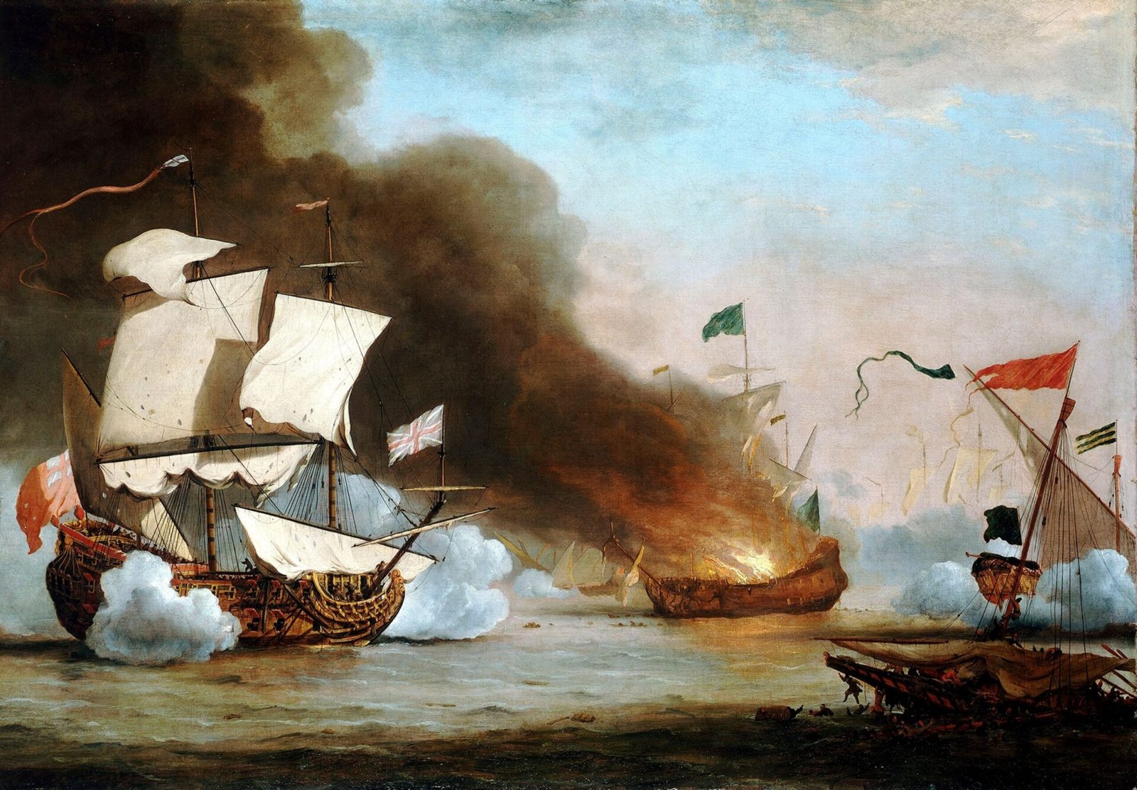 A painting of a wooden, 17th century English ship with large white sails on the left in battle with smaller, wooden ships to the right. The smaller wooden ship, in the middle of the painting, is on fire and smoke is rising and drifting to the left.